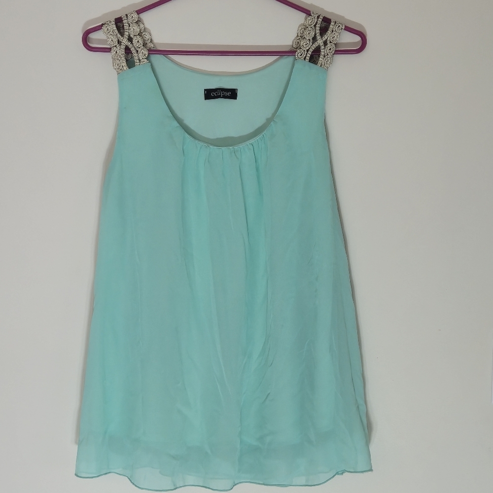 Eclipse Tank Top XL Mint Green Chiffon Crochet Strap Festival Bohemian Trendy